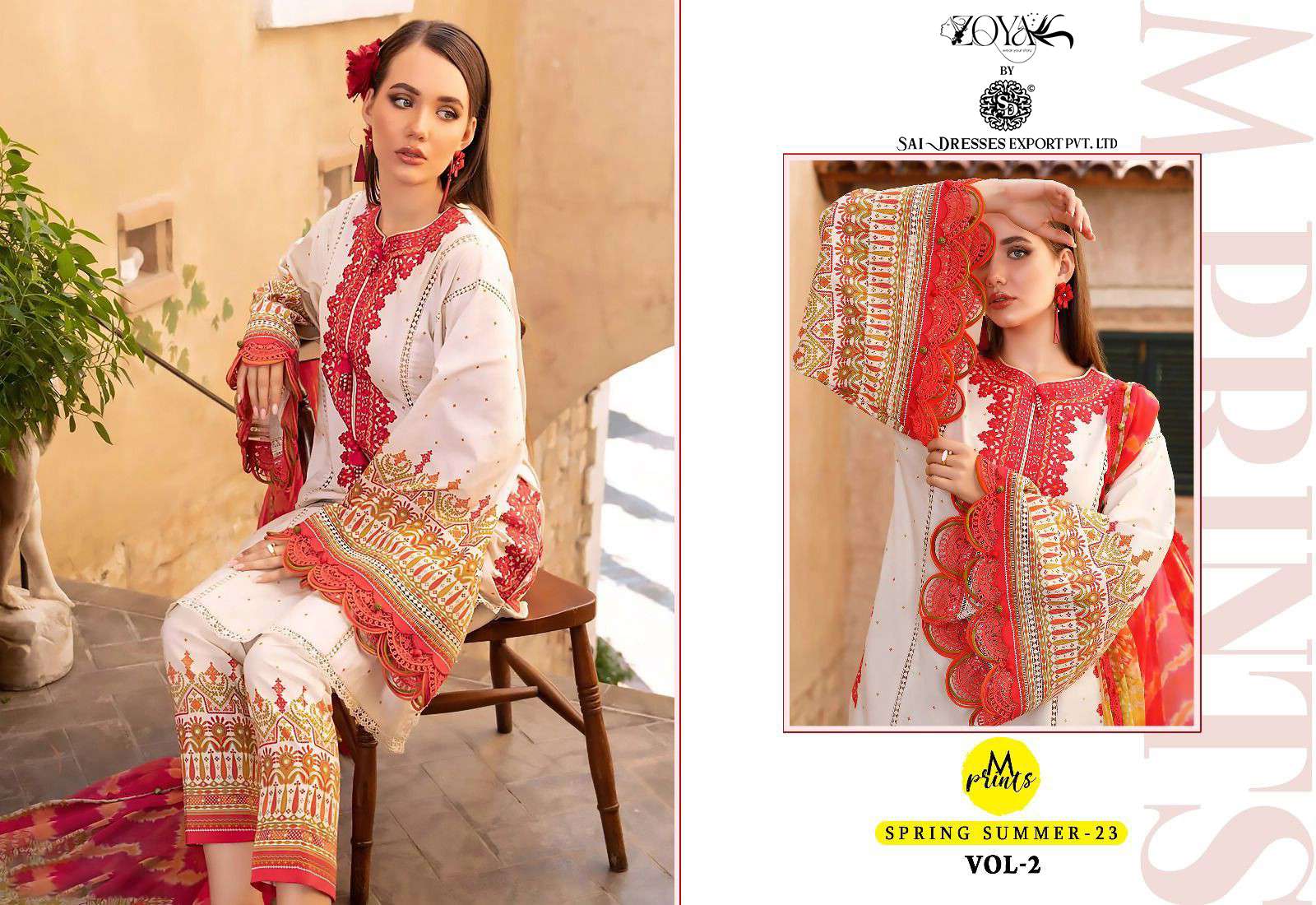 SAI DRESSES PRESENT M PRINTS SPRING SUMMER 23 VOL 2 PURE COTTON PATCH EMBROIDERED PAKISTANI DESIGNER SUITS IN WHOLESALE RATE IN SURAT