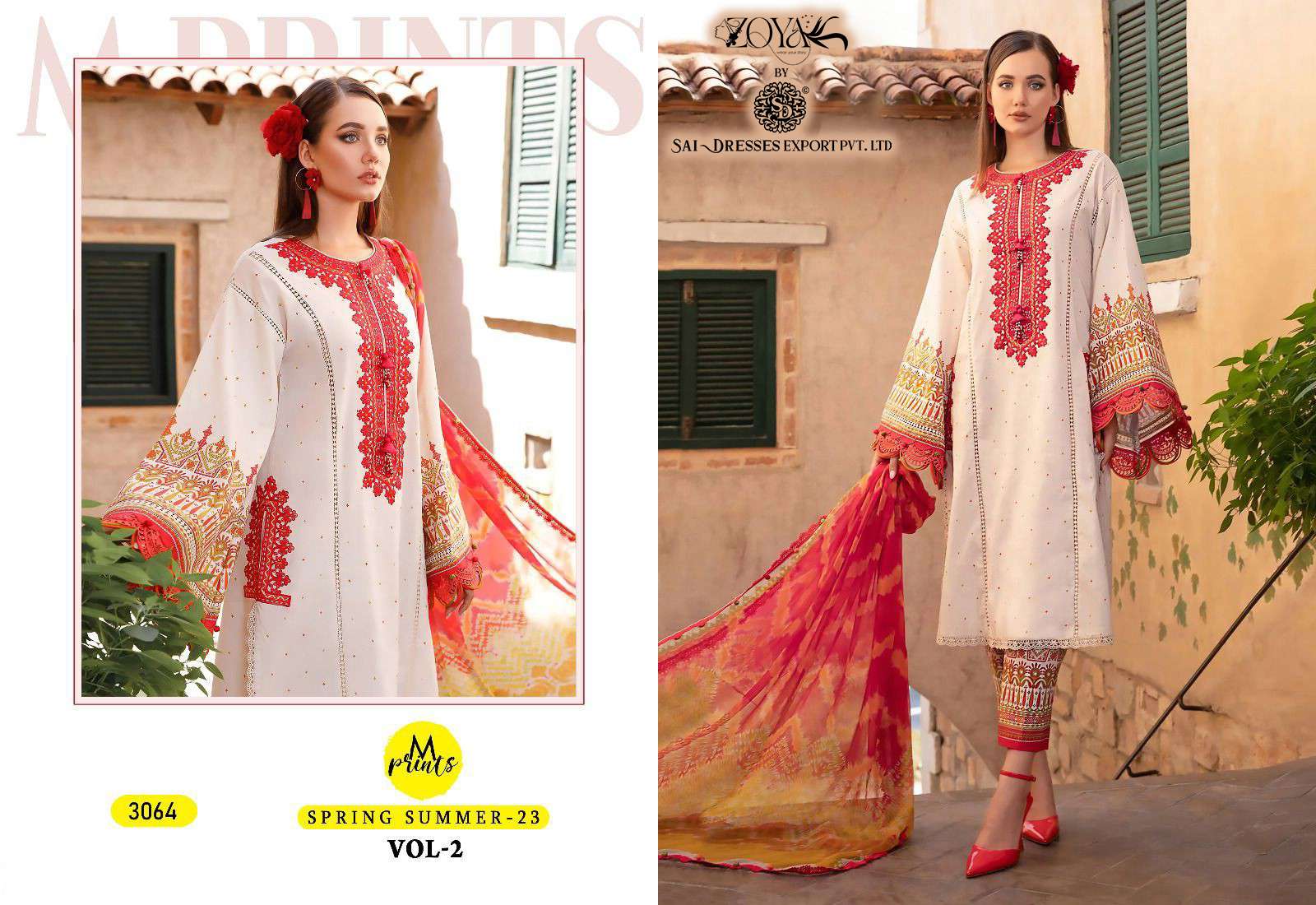 SAI DRESSES PRESENT M PRINTS SPRING SUMMER 23 VOL 2 PURE COTTON PATCH EMBROIDERED PAKISTANI DESIGNER SUITS IN WHOLESALE RATE IN SURAT