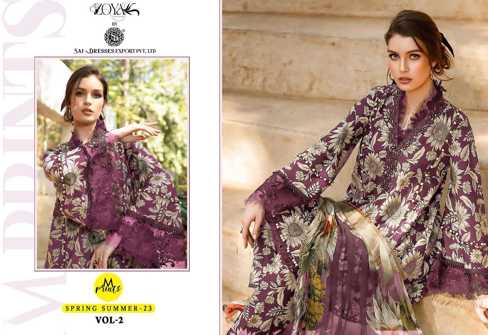 SAI DRESSES PRESENT M PRINTS SPRING SUMMER 23 VOL 2 PURE COTTON PATCH EMBROIDERED PAKISTANI DESIGNER SUITS IN WHOLESALE RATE IN SURAT