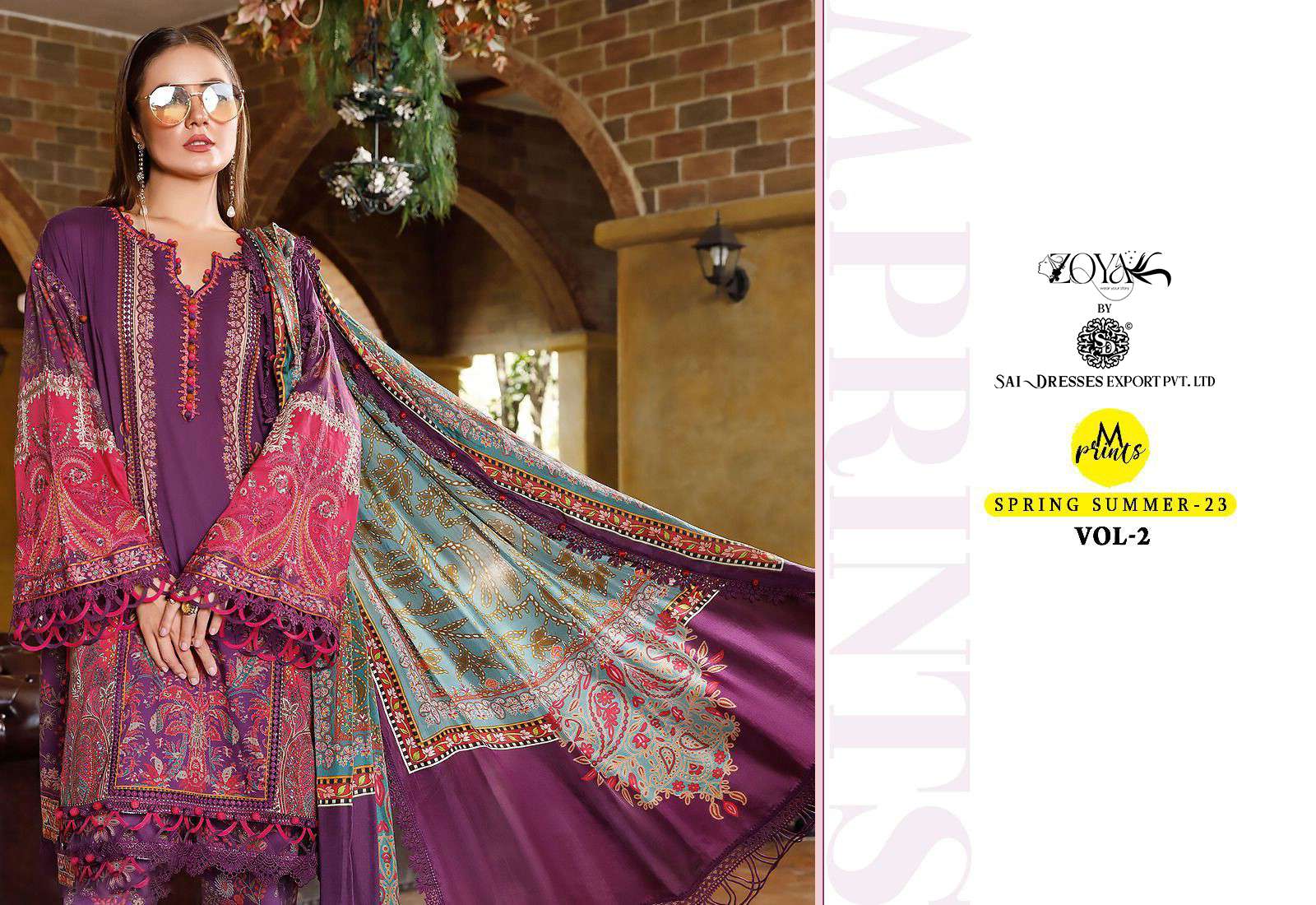 SAI DRESSES PRESENT M PRINTS SPRING SUMMER 23 VOL 2 PURE COTTON PATCH EMBROIDERED PAKISTANI DESIGNER SUITS IN WHOLESALE RATE IN SURAT