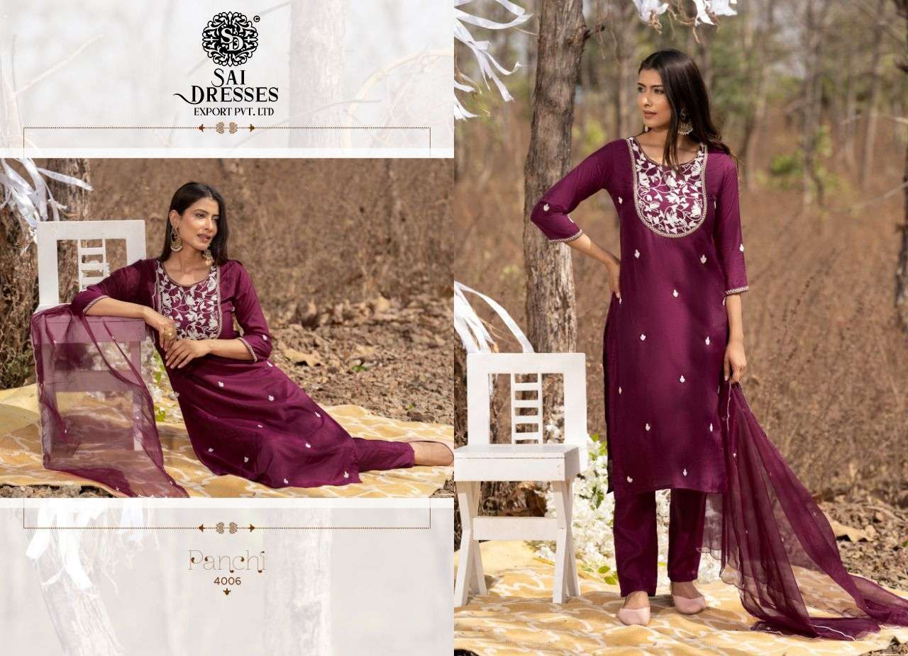 SAI DRESSES PRESENT PANCHI VOL 4 READY TO WEAR PANT STYLE DESIGNER SUITS IN WHOLESALE RATE IN SURAT