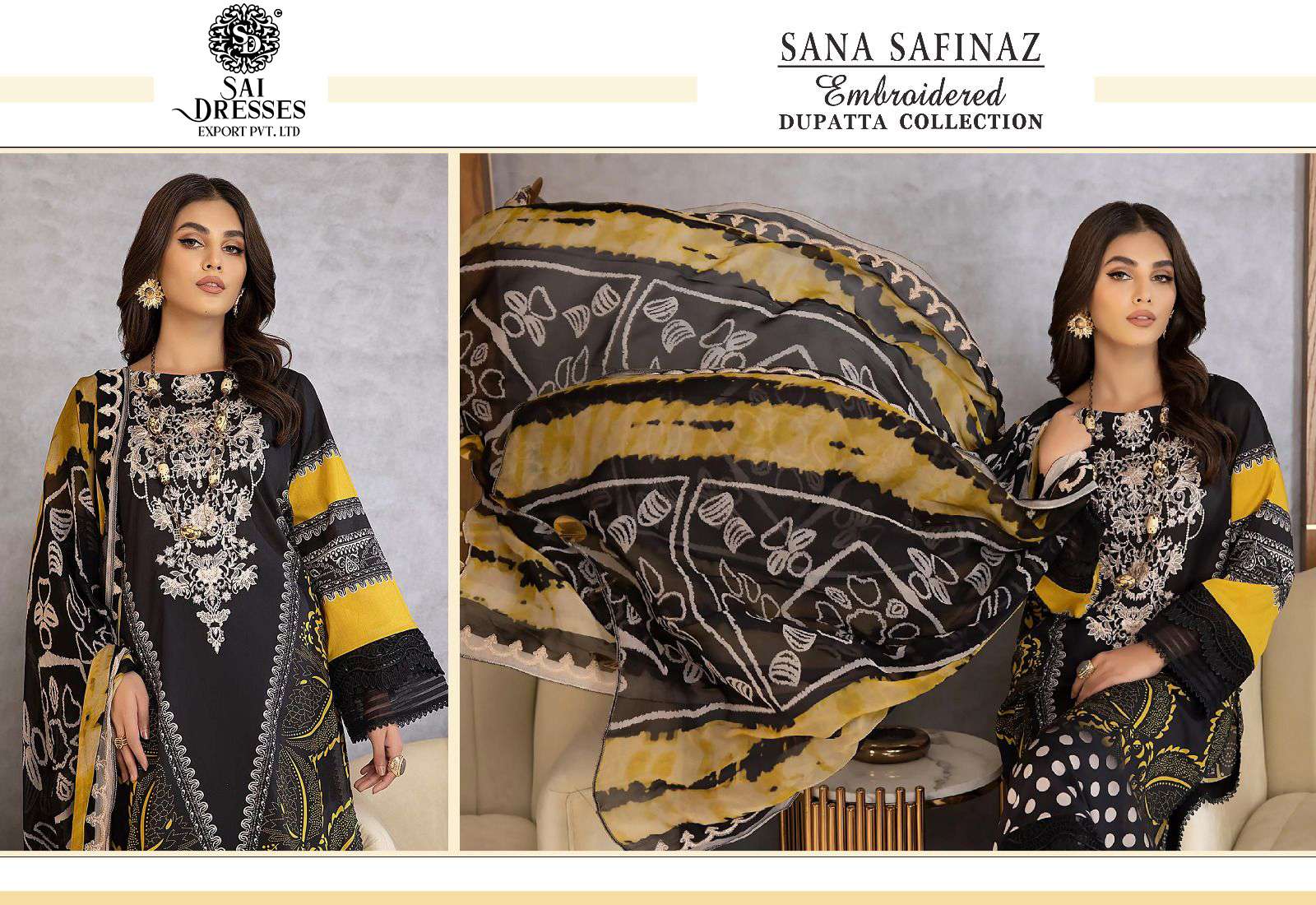 SAI DRESSES PRESENT SANA SAFINAZ EMBROIDERED DUPATTA COLLECTION SUMMER WEAR FANCY PAKISTANI SALWAR SUITS IN WHOLESALE RATE IN SURAT