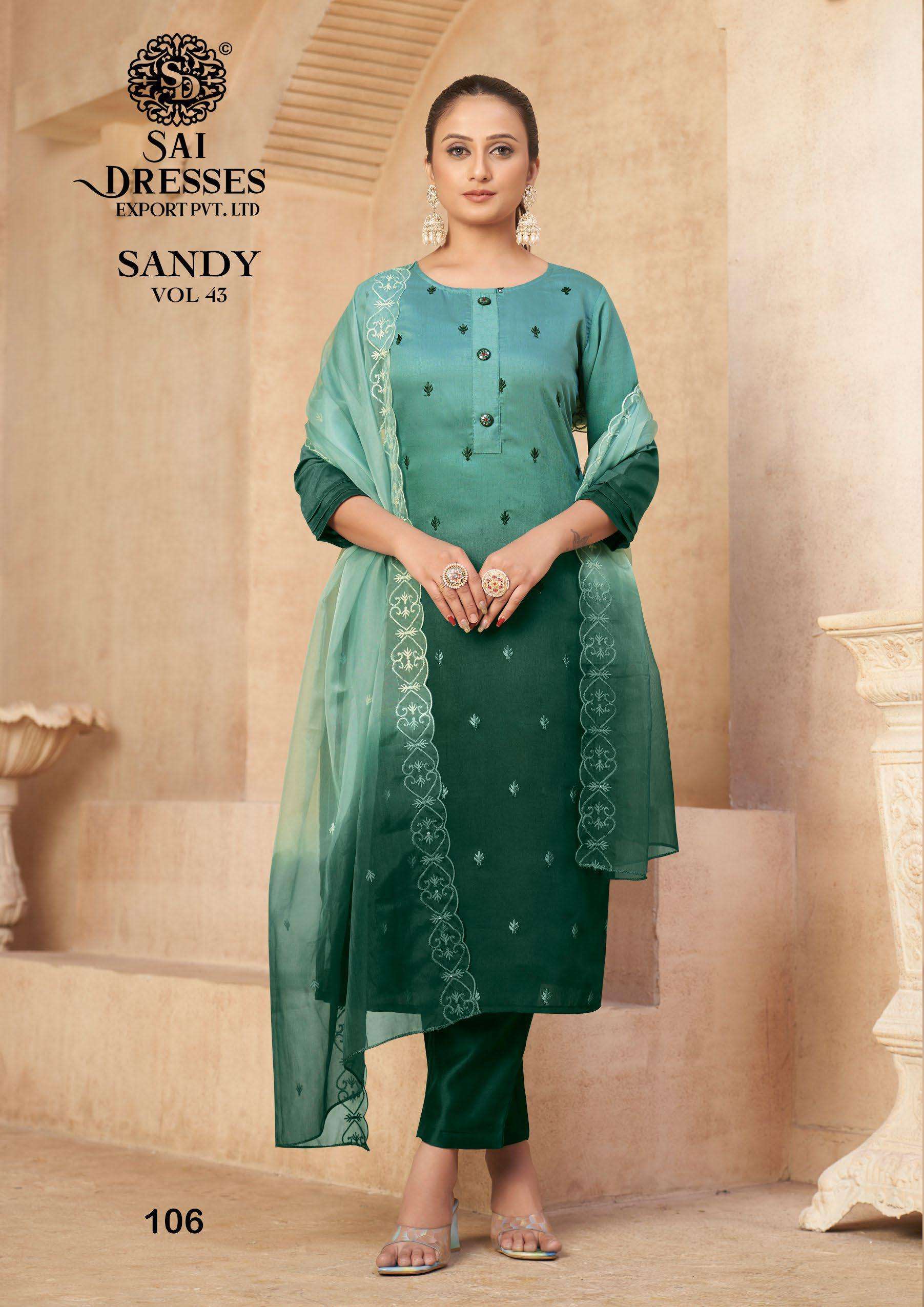 SAI DRESSES PRESENT SANDY VOL 43 READY TO WEAR PANT STYLE DESIGNER SUITS IN WHOLESALE RATE IN SURAT