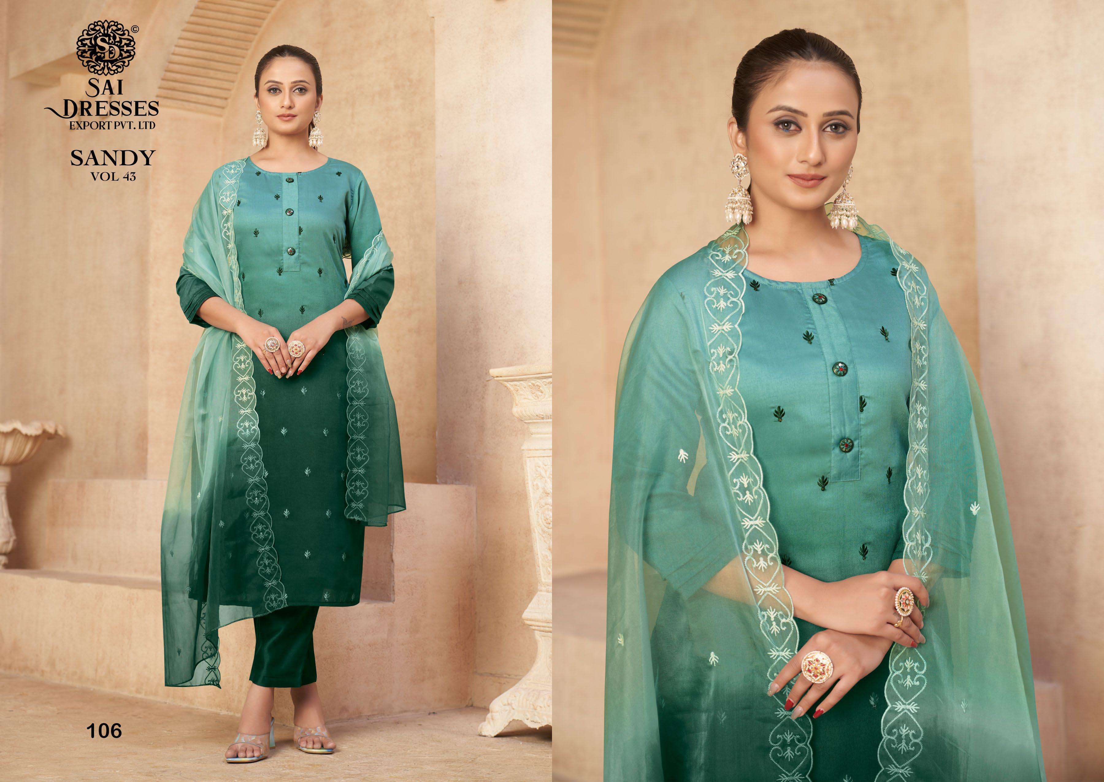 SAI DRESSES PRESENT SANDY VOL 43 READY TO WEAR PANT STYLE DESIGNER SUITS IN WHOLESALE RATE IN SURAT