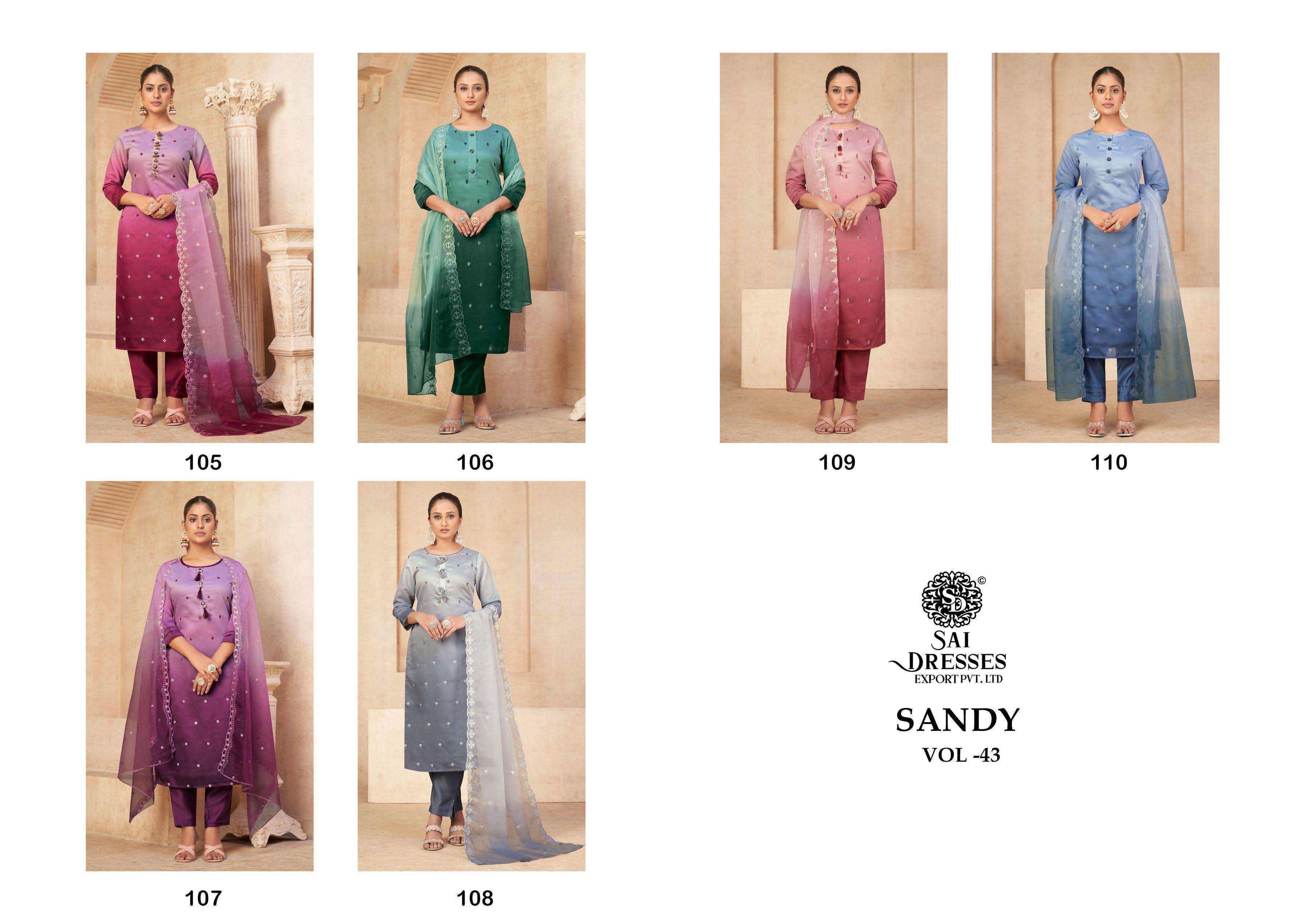 SAI DRESSES PRESENT SANDY VOL 43 READY TO WEAR PANT STYLE DESIGNER SUITS IN WHOLESALE RATE IN SURAT