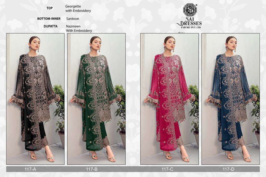 SAI DRESSES PRESENT D.NO 117 A TO 117 D SEMI STITCHED WEDDING WEAR EMBROIDERED PAKISTANI DESIGNER SUITS IN WHOLESALE RATE IN SURAT