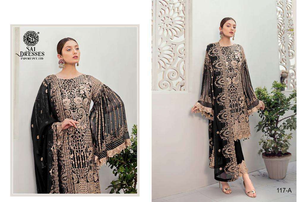 SAI DRESSES PRESENT D.NO 117 A TO 117 D SEMI STITCHED WEDDING WEAR EMBROIDERED PAKISTANI DESIGNER SUITS IN WHOLESALE RATE IN SURAT