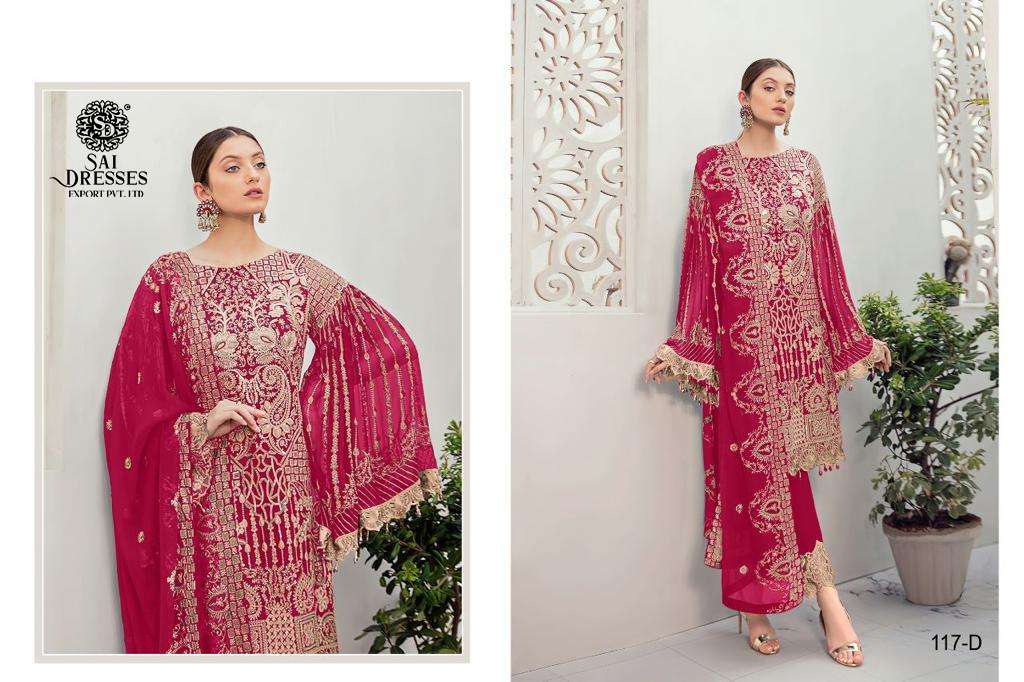 SAI DRESSES PRESENT D.NO 117 A TO 117 D SEMI STITCHED WEDDING WEAR EMBROIDERED PAKISTANI DESIGNER SUITS IN WHOLESALE RATE IN SURAT