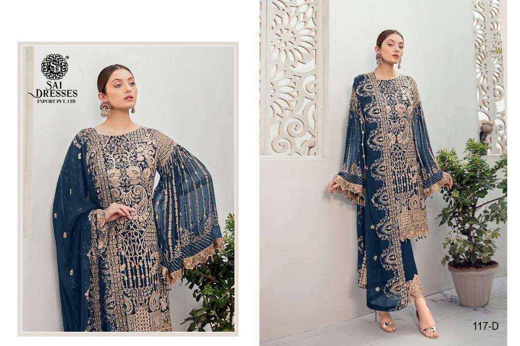 SAI DRESSES PRESENT D.NO 117 A TO 117 D SEMI STITCHED WEDDING WEAR EMBROIDERED PAKISTANI DESIGNER SUITS IN WHOLESALE RATE IN SURAT