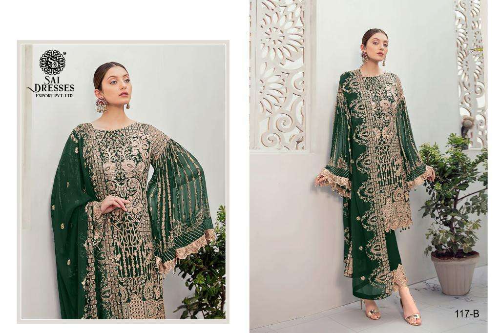 SAI DRESSES PRESENT D.NO 117 A TO 117 D SEMI STITCHED WEDDING WEAR EMBROIDERED PAKISTANI DESIGNER SUITS IN WHOLESALE RATE IN SURAT