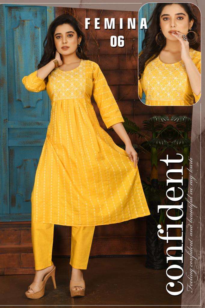 SAI DRESSES PRESENT FEMINA READY TO DAILY WEAR NAYRACUT STYLE DESIGNER KURTI WITH PANT IN WHOLESALE RATE IN SURAT
