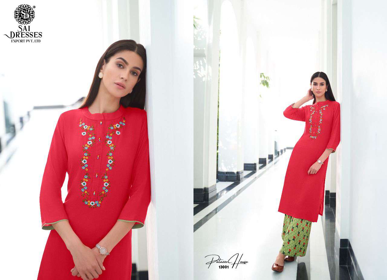SAI DRESSES PRESENT PALAZZO HOUSE VOL 13 READY TO WEAR CLASSY ELEGANT RAYON LONG KURTI WITH PLAZZO IN WHOLESALE RATE IN SURAT