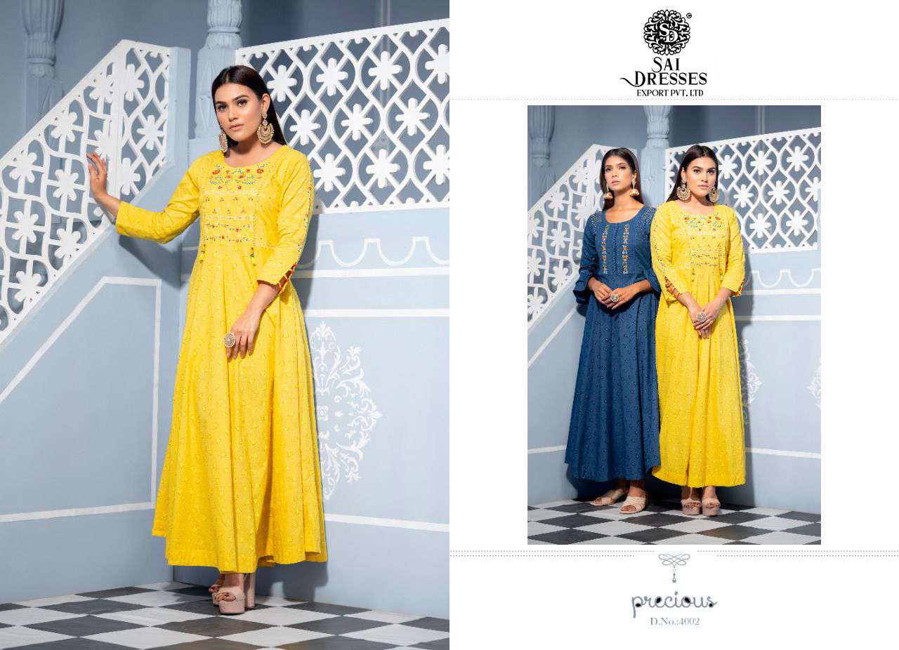SAI DRESSES PRESENT PRECIOUS VOL 4 READY TO SUMMER WEAR LONG GOWN STYLE DESIGNER KURTI COLLECTION IN WHOLESALE RATE IN SURAT