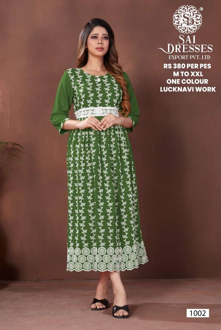 SAI DRESSES PRESENT D.NO 1002 READY TO WEAR LUCKNAVI LONG DESIGNER KURTI COMBO COLLECTION IN WHOLESALE RATE IN SURAT