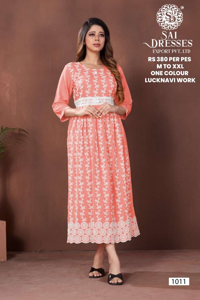 SAI DRESSES PRESENT D.NO 1011 READY TO WEAR LUCKNAVI LONG DESIGNER KURTI COMBO COLLECTION IN WHOLESALE RATE IN SURAT