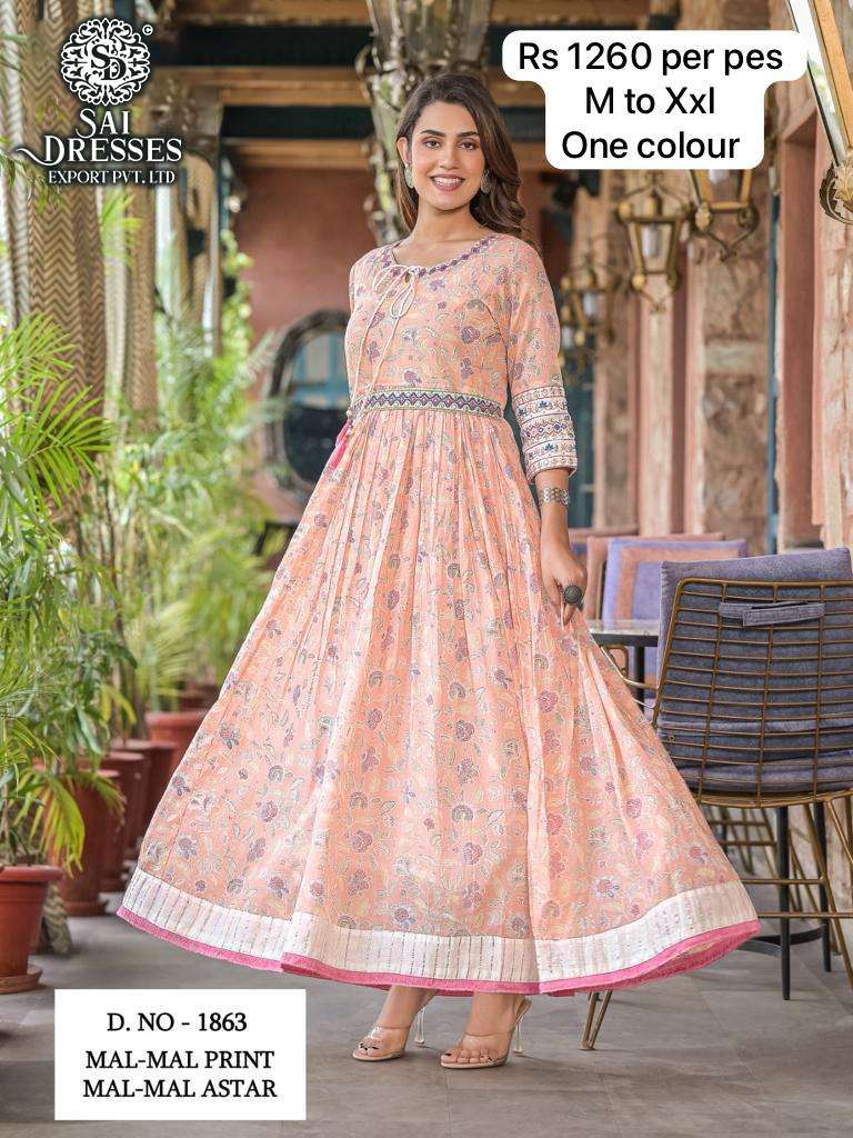 SAI DRESSES PRESENT D.NO 1863 A READY TO ETHNIC WEAR LONG GOWN STYLE PRINTED DESIGNER KURTI COMBO COLLECTION IN WHOLESALE RATE IN SURAT