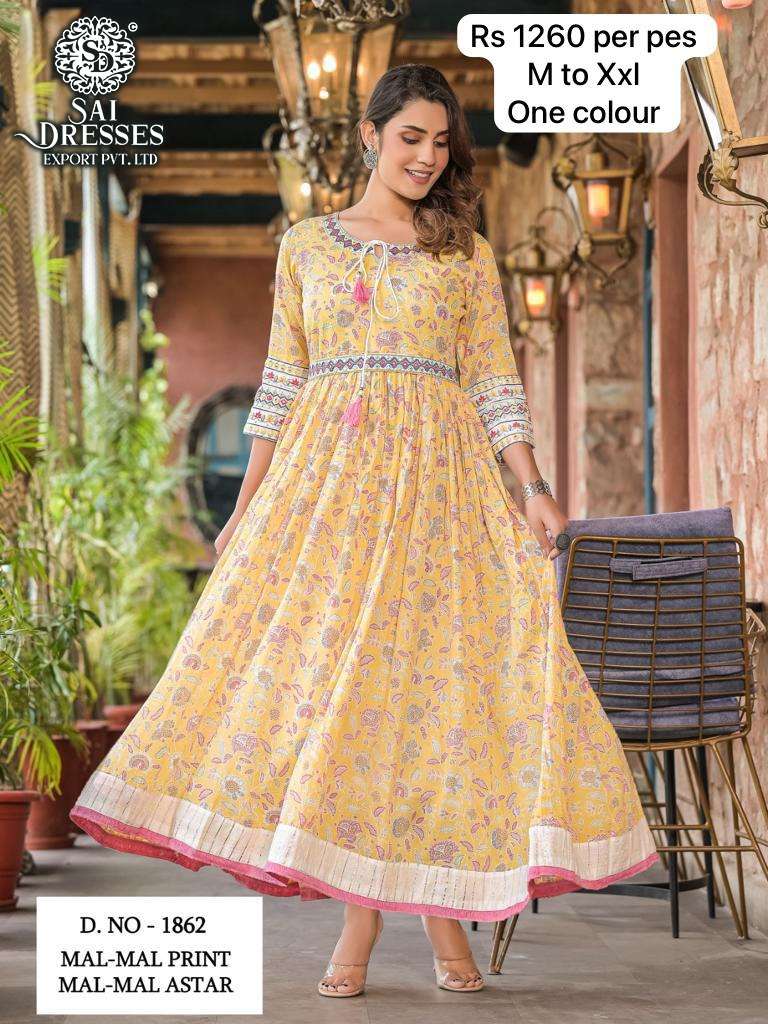 SAI DRESSES PRESENT D.NO 1863 C READY TO ETHNIC WEAR LONG GOWN STYLE PRINTED DESIGNER KURTI COMBO COLLECTION IN WHOLESALE RATE IN SURAT