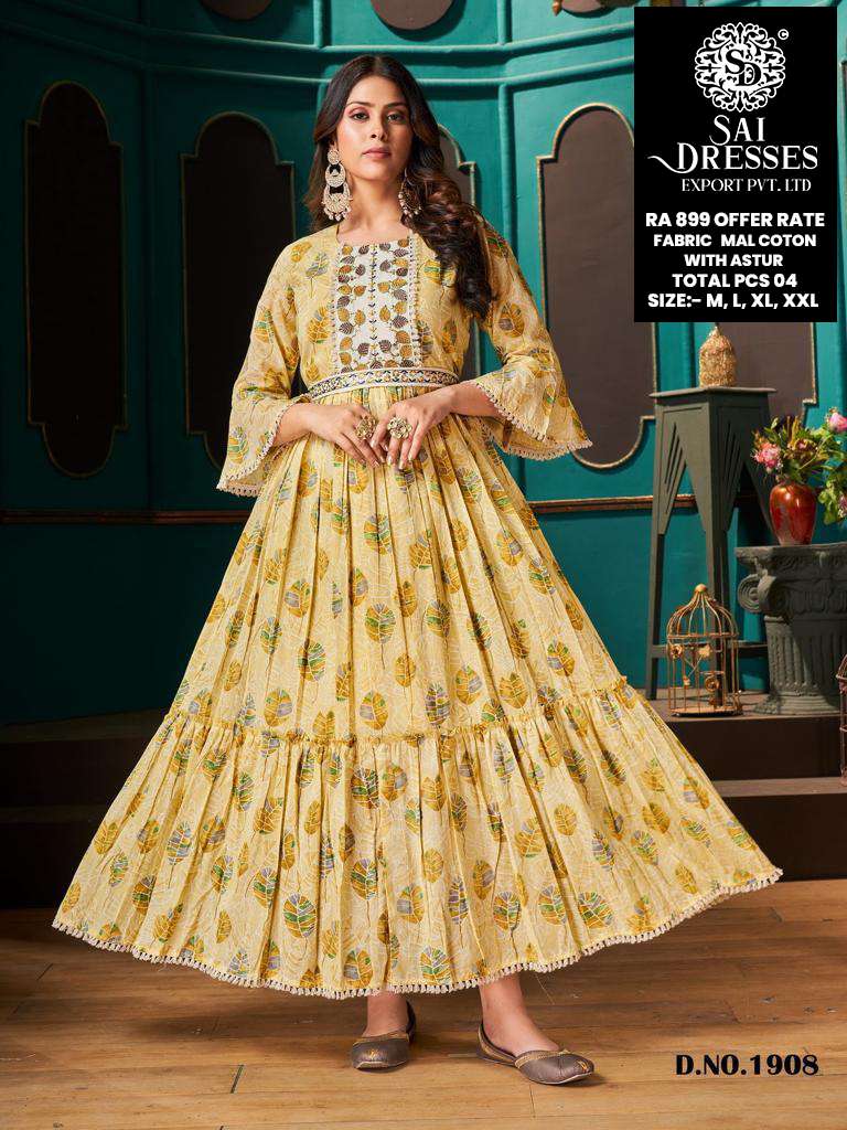 SAI DRESSES PRESENT D.NO 1908 READY TO FESTIVE WEAR LONG GOWN STYLE PRINTED DESIGNER KURTI COMBO COLLECTION IN WHOLESALE RATE IN SURAT