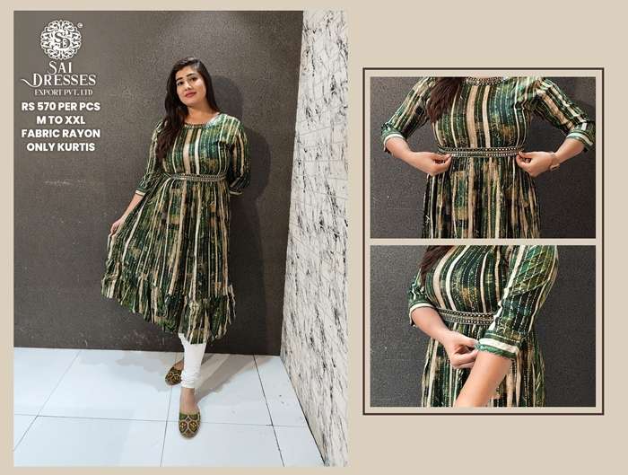 SAI DRESSES PRESENT D.NO 410 READY TO WEAR FANCY LONG KURTI WITH DESIGNER BELT COMBO COLLECTION IN WHOLESALE RATE IN SURAT