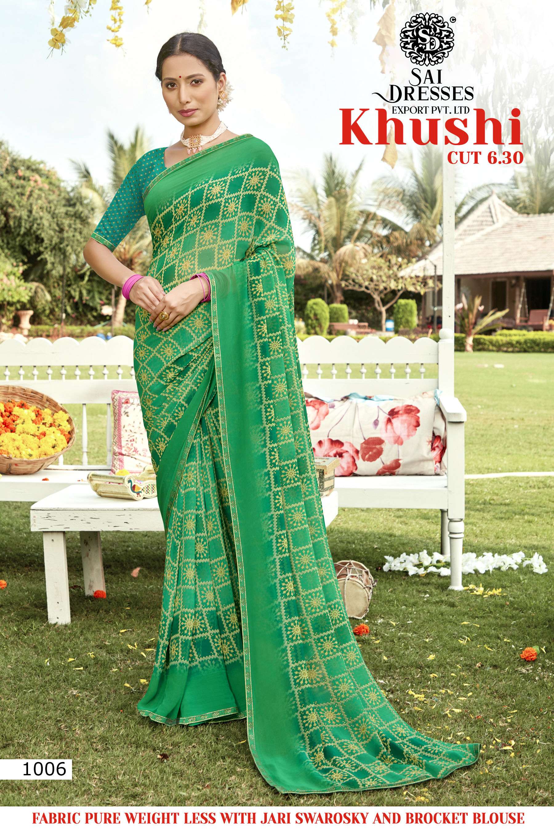 SAI DRESSES PRESENT KHUSHI DAILY WEAR PURE WEIGHT LESS JARI SWAROSKY SAREE WITH BROCKET BLOUSE IN WHOLESALE RATE IN SURAT