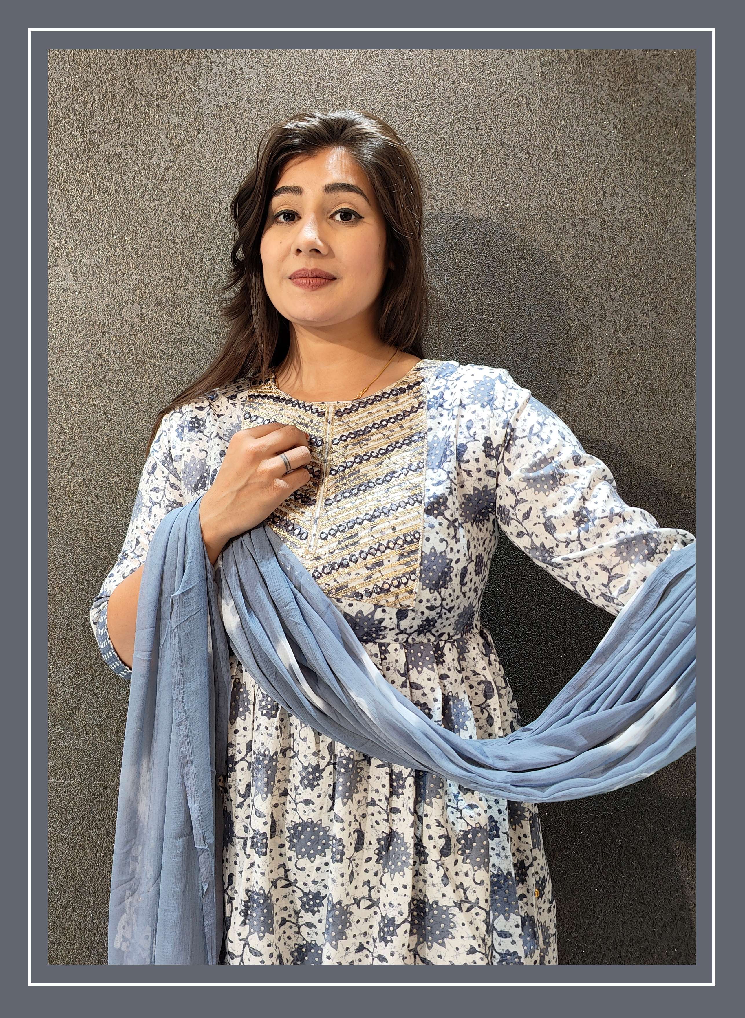 Printed naira cut kurti with pant set for women and girls cotton (blue) -  Alvano - 4300520
