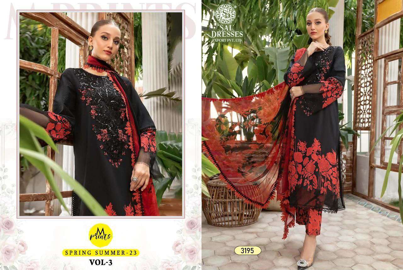 SAI DRESSES PRESENT M PRINT SPRING SUMMER 23 VOL 3 PURE COTTON EXCLUSIVE PATCH EMBROIDERED PAKISTANI SALWAR SUITS IN WHOLESALE RATE IN SURAT