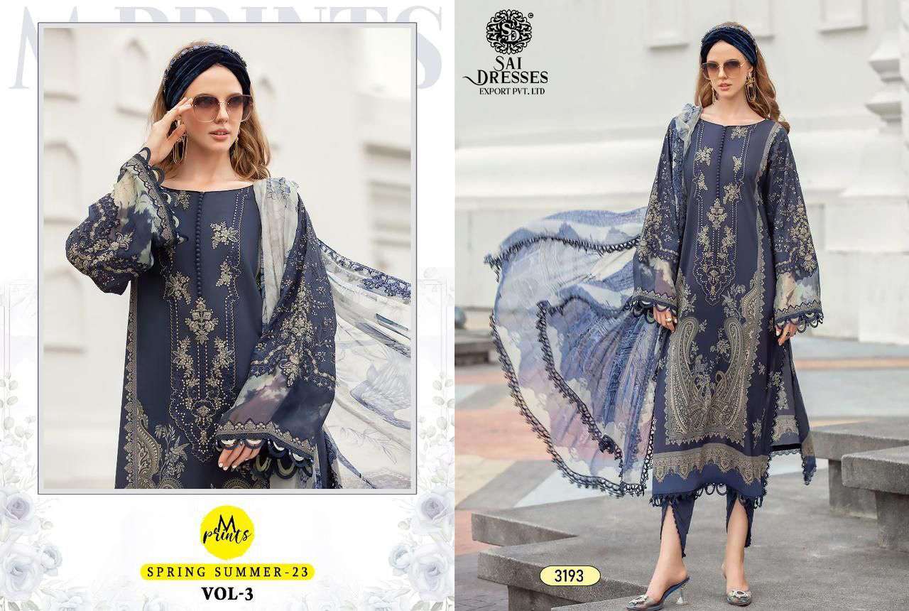 SAI DRESSES PRESENT M PRINT SPRING SUMMER 23 VOL 3 PURE COTTON EXCLUSIVE PATCH EMBROIDERED PAKISTANI SALWAR SUITS IN WHOLESALE RATE IN SURAT
