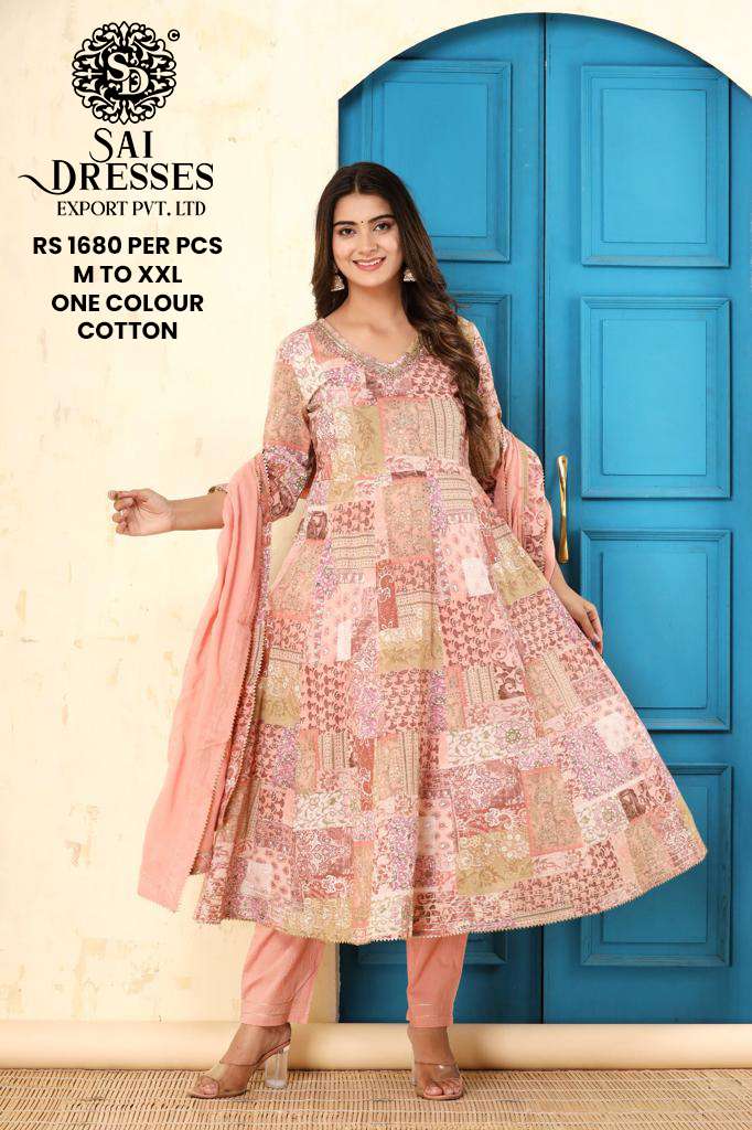 SAI DRESSES PRESENT READY TO FESTIVE WEAR COTTON PRINTED ANARKALI STYLE DESIGNER 3 PIECE COMBO SUITS IN WHOLESALE RATE IN SURAT