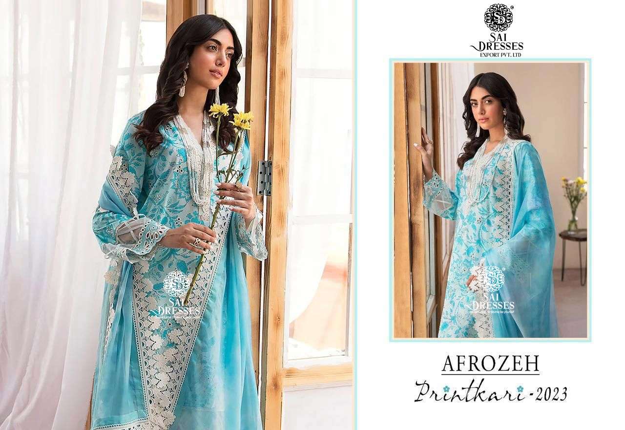 SAI DRESSES PRESENT AFROZEH PRINTKARI 2023 PURE LAWN WITH SELF EMBROIDERED PAKISTANI DESIGNER SALWAR SUITS IN WHOLESALE RATE IN SURAT