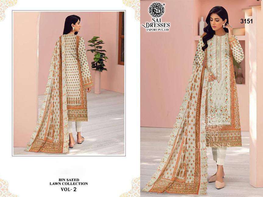 SAI DRESSES PRESENT BIN SAEED LAWN COLLECTION VOL 2 PURE COTTON SELF EMBROIDERED PAKISTANI DESIGNER SALWAR SUITS IN WHOLESALE RATE IN SURAT