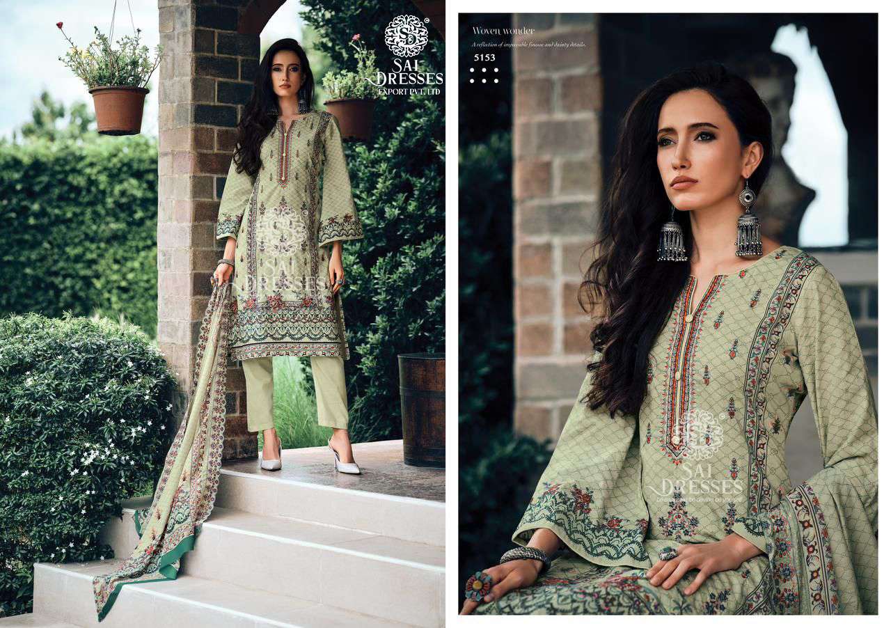 SAI DRESSES PRESENT BIN SAEED LAWN COLLECTION VOL 5 PURE COTTON SELF EMBROIDERED PAKISTANI DESIGNER SALWAR SUITS IN WHOLESALE RATE IN SURAT