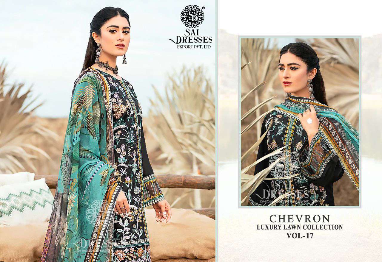 SAI DRESSES PRESENT CHEVRON LUXURY LAWN COLLECTION VOL 17 PURE LAWN COTTON WITH SELF EMBROIDERED PAKISTANI DESIGNER SALWAR SUITS IN WHOLESALE RATE IN SURAT
