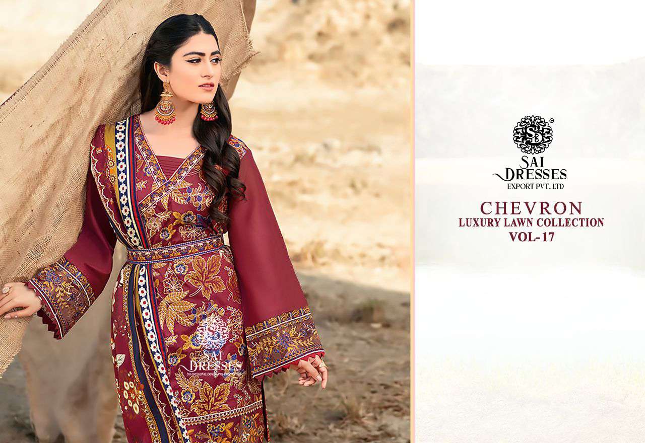 SAI DRESSES PRESENT CHEVRON LUXURY LAWN COLLECTION VOL 17 PURE LAWN COTTON WITH SELF EMBROIDERED PAKISTANI DESIGNER SALWAR SUITS IN WHOLESALE RATE IN SURAT