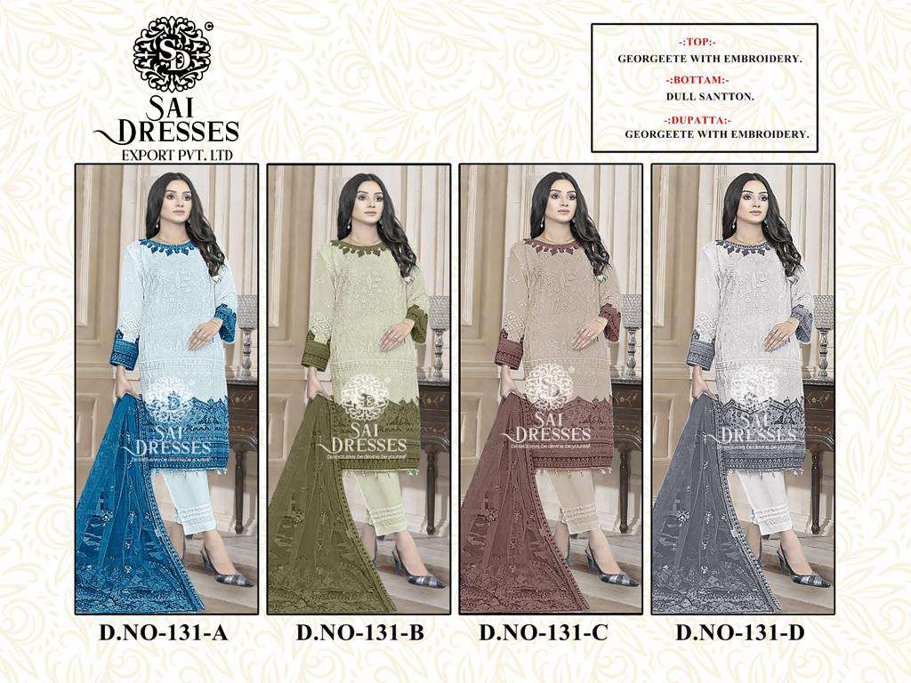 SAI DRESSES PRESENT D.NO 131 A TO 131 D SEMI STITCHED FESTIVE WEAR EMBROIDERED PAKISTANI DESIGNER SUITS IN WHOLESALE RATE IN SURAT