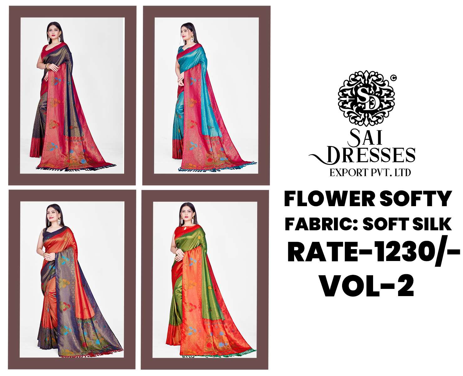 SAI DRESSES PRESENT FLOWER SOFTY VOL 2 READY TO WEAR BANARASI KANJIVARAM STYLE SILK SAREE IN WHOLESALE RATE IN SURAT