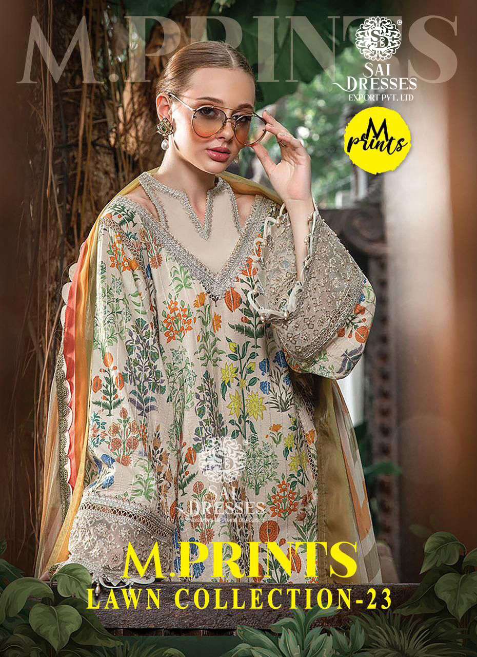 SAI DRESSES PRESENT M PRINTS LAWN COLLECTION 23 PURE COTTON PATCH EMBROIDERED PAKISTANI SALWAR SUITS IN WHOLESALE RATE IN SURAT 