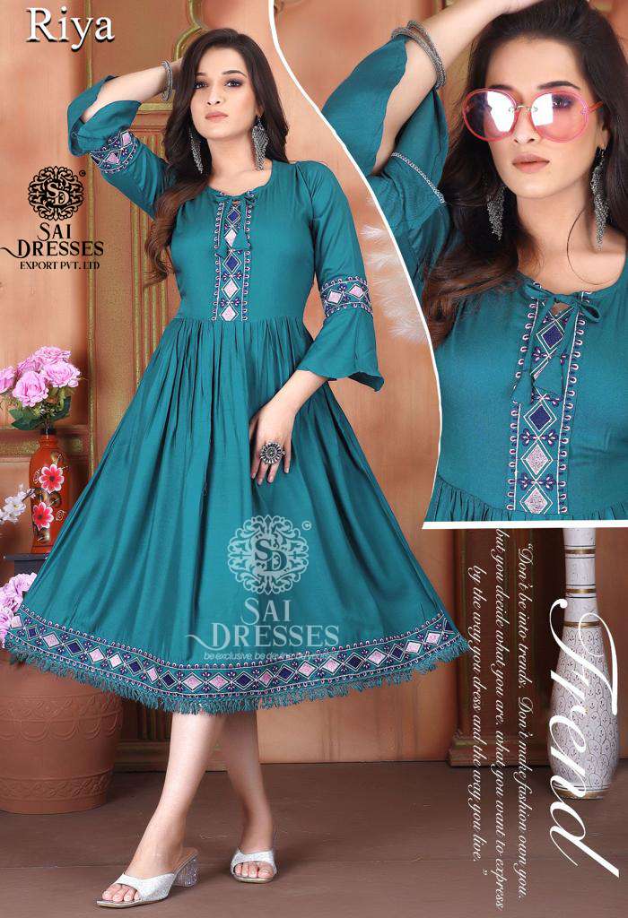 SAI DRESSES PRESENT RIYA READY TO FANCY WEAR FROCK STYLE LONG DESIGNER KURTI COLLECTION IN WHOLESALE RATE IN SURAT