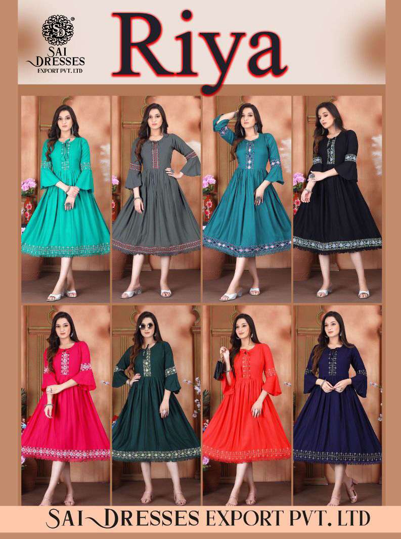 SAI DRESSES PRESENT RIYA READY TO FANCY WEAR FROCK STYLE LONG DESIGNER KURTI COLLECTION IN WHOLESALE RATE IN SURAT