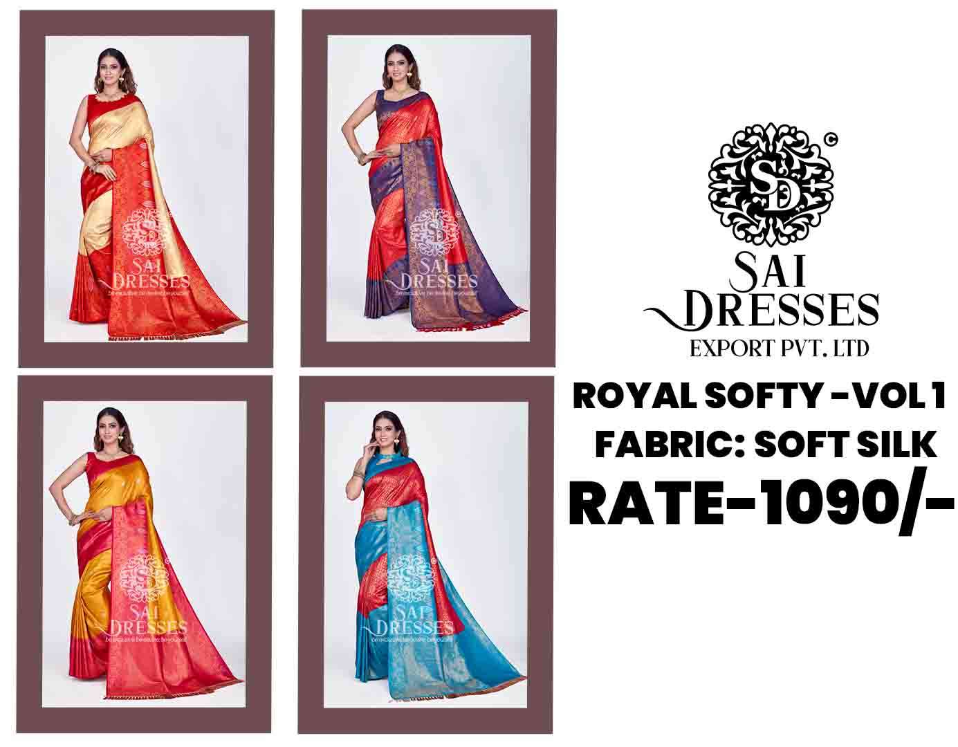 SAI DRESSES PRESENT ROYAL SOFTY VOL 1 READY TO FEESTIVE WEAR PURE BANARASI SAREE IN WHOLESALE RATE IN SURAT