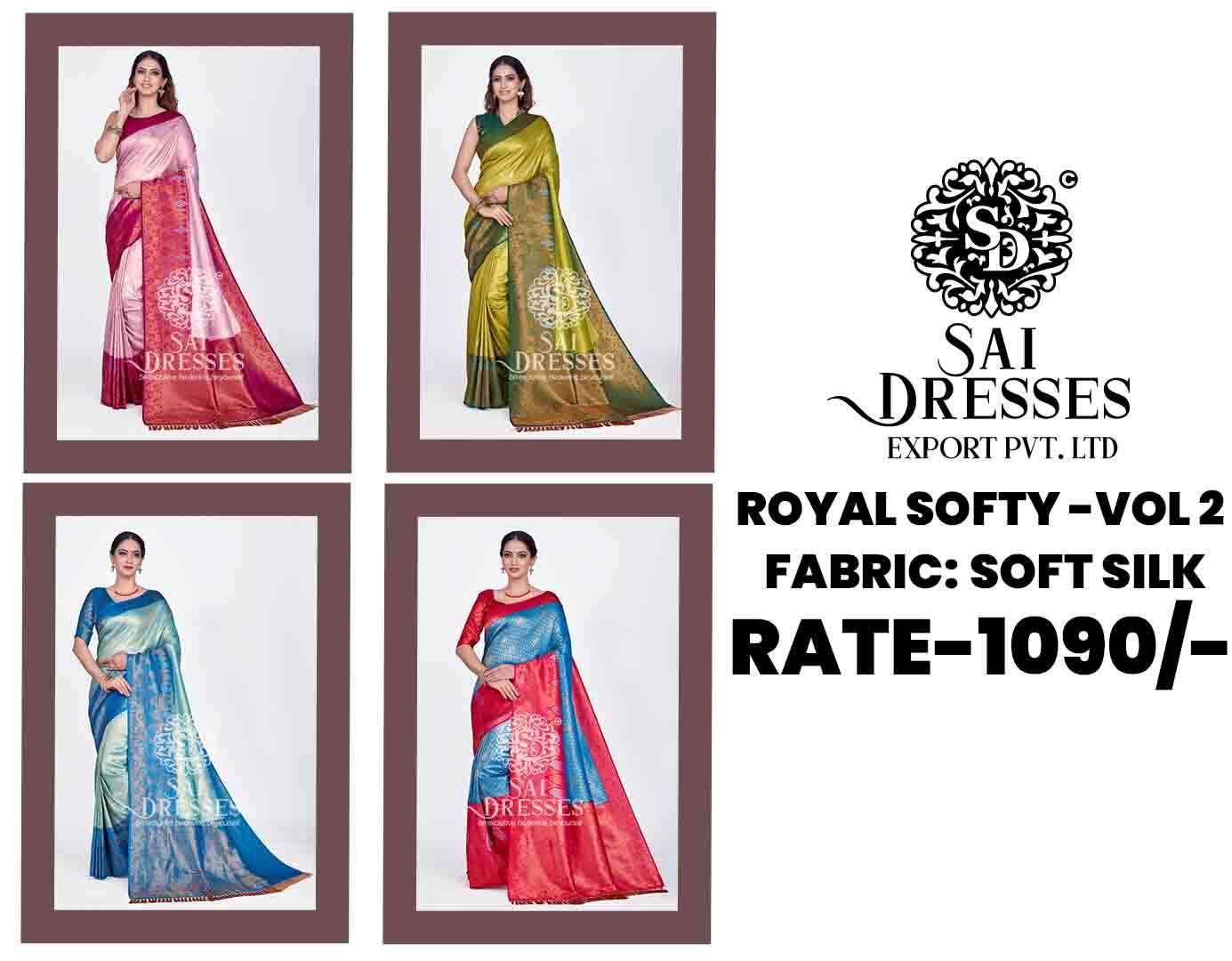 SAI DRESSES PRESENT ROYAL SOFTY VOL 2 READY TO FEESTIVE WEAR PURE BANARASI SAREE IN WHOLESALE RATE IN SURAT