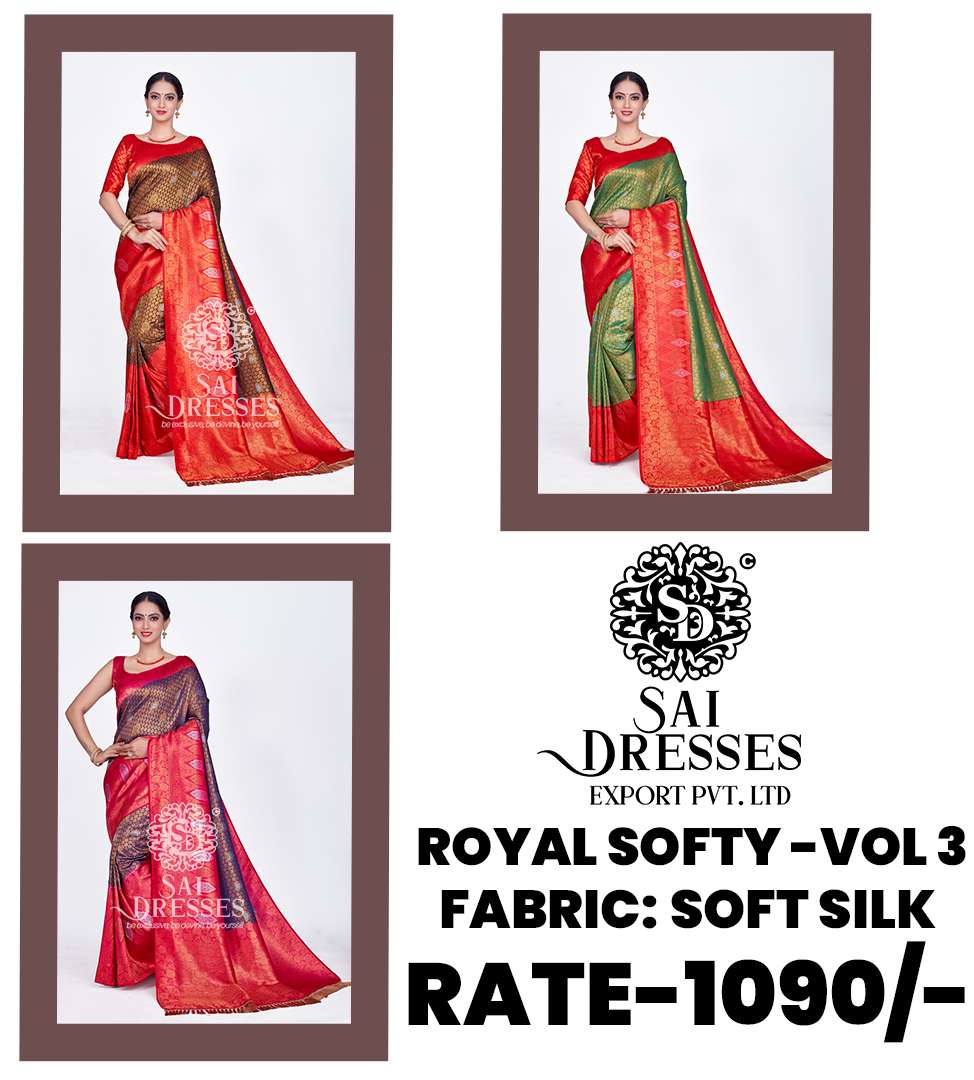 SAI DRESSES PRESENT ROYAL SOFTY VOL 3 READY TO FEESTIVE WEAR PURE BANARASI SAREE IN WHOLESALE RATE IN SURAT