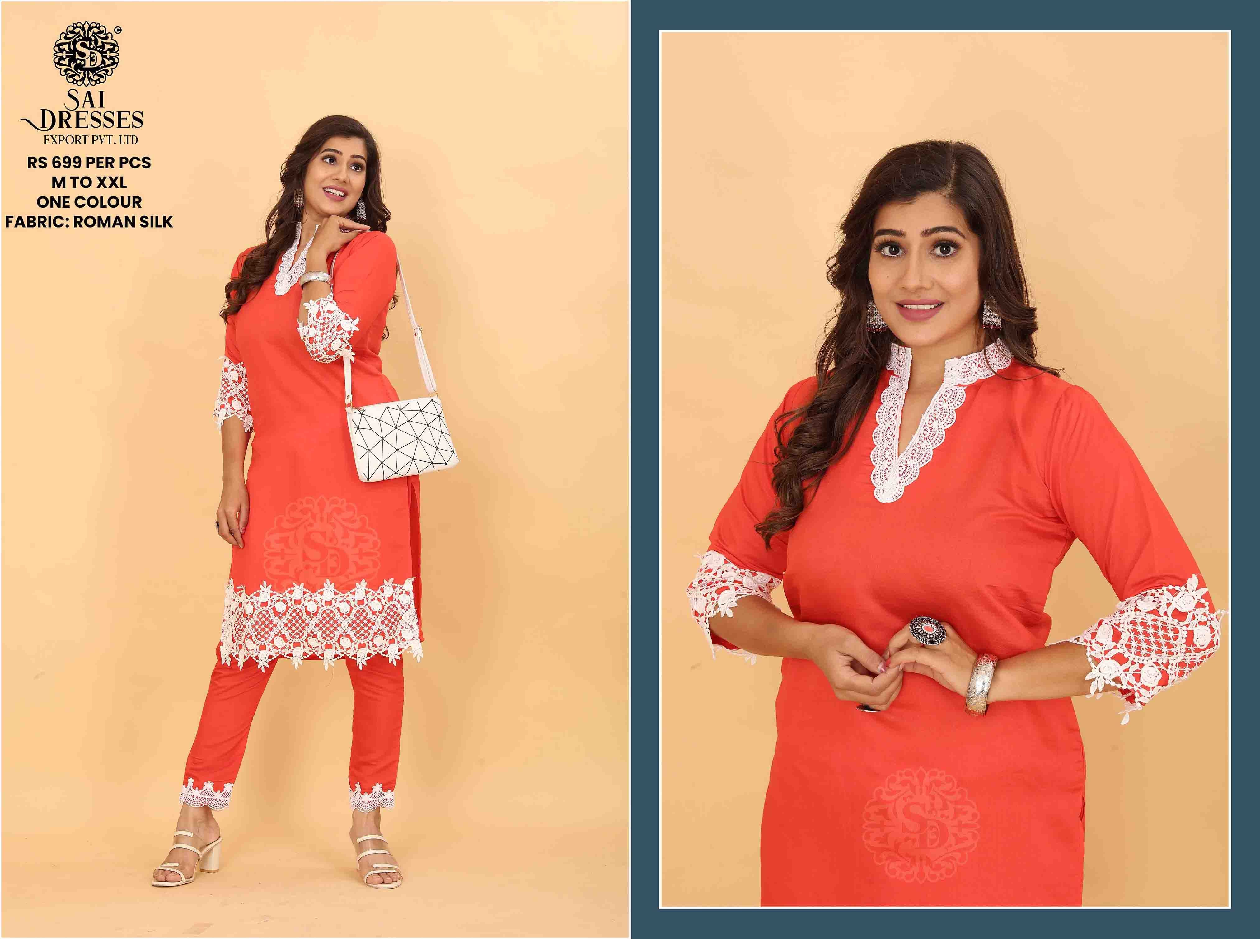 SAI DRESSES PRESENT D.NO SD 5004 READY TO TRENDY WEAR ROMAN SILK DESIGNER KURTI WITH PANT COMBO COLLECTION IN WHOLESALE RATE IN SURAT