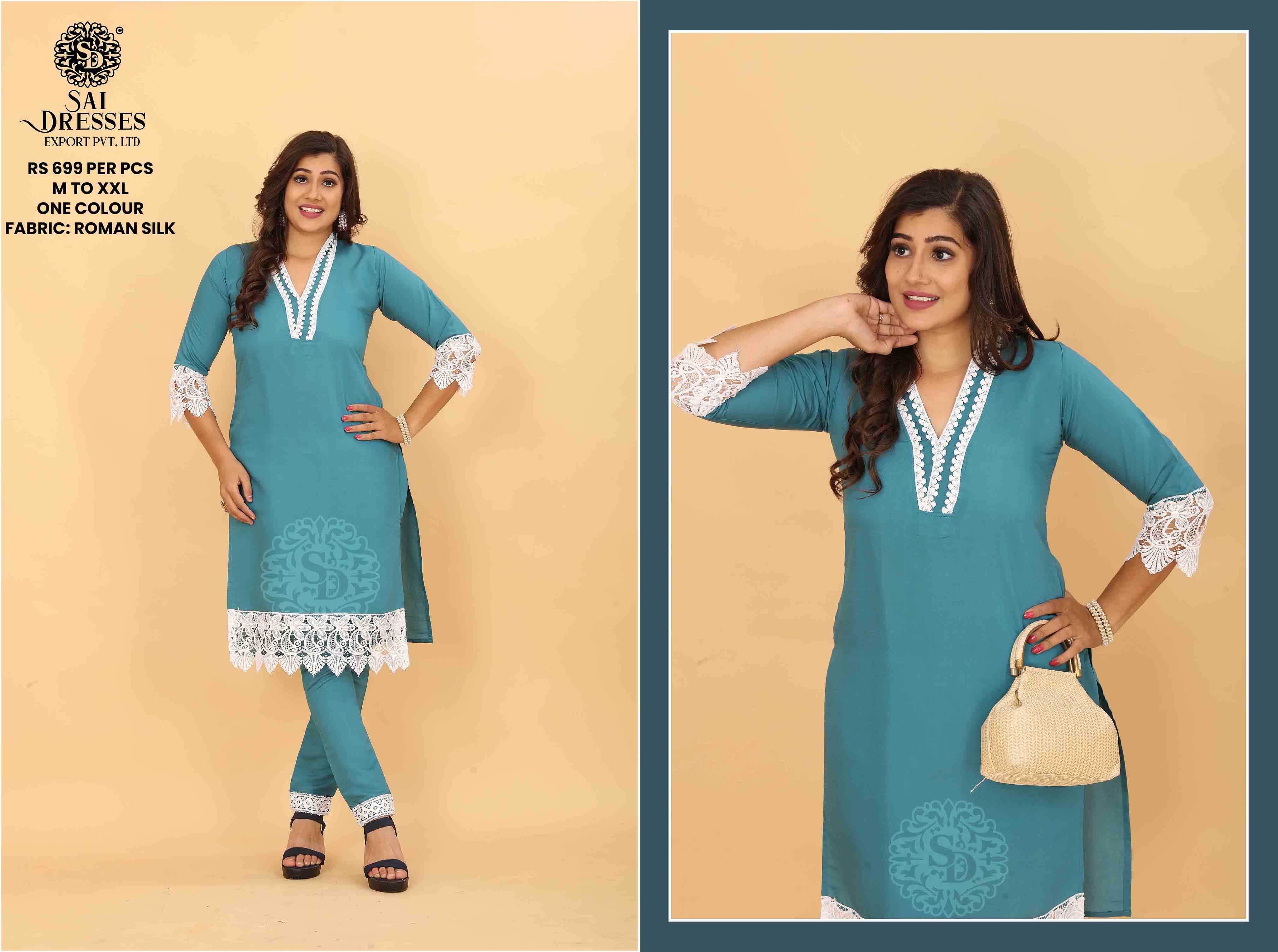 SAI DRESSES PRESENT D.NO SD 5005 READY TO TRENDY WEAR ROMAN SILK DESIGNER KURTI WITH PANT COMBO COLLECTION IN WHOLESALE RATE IN SURAT