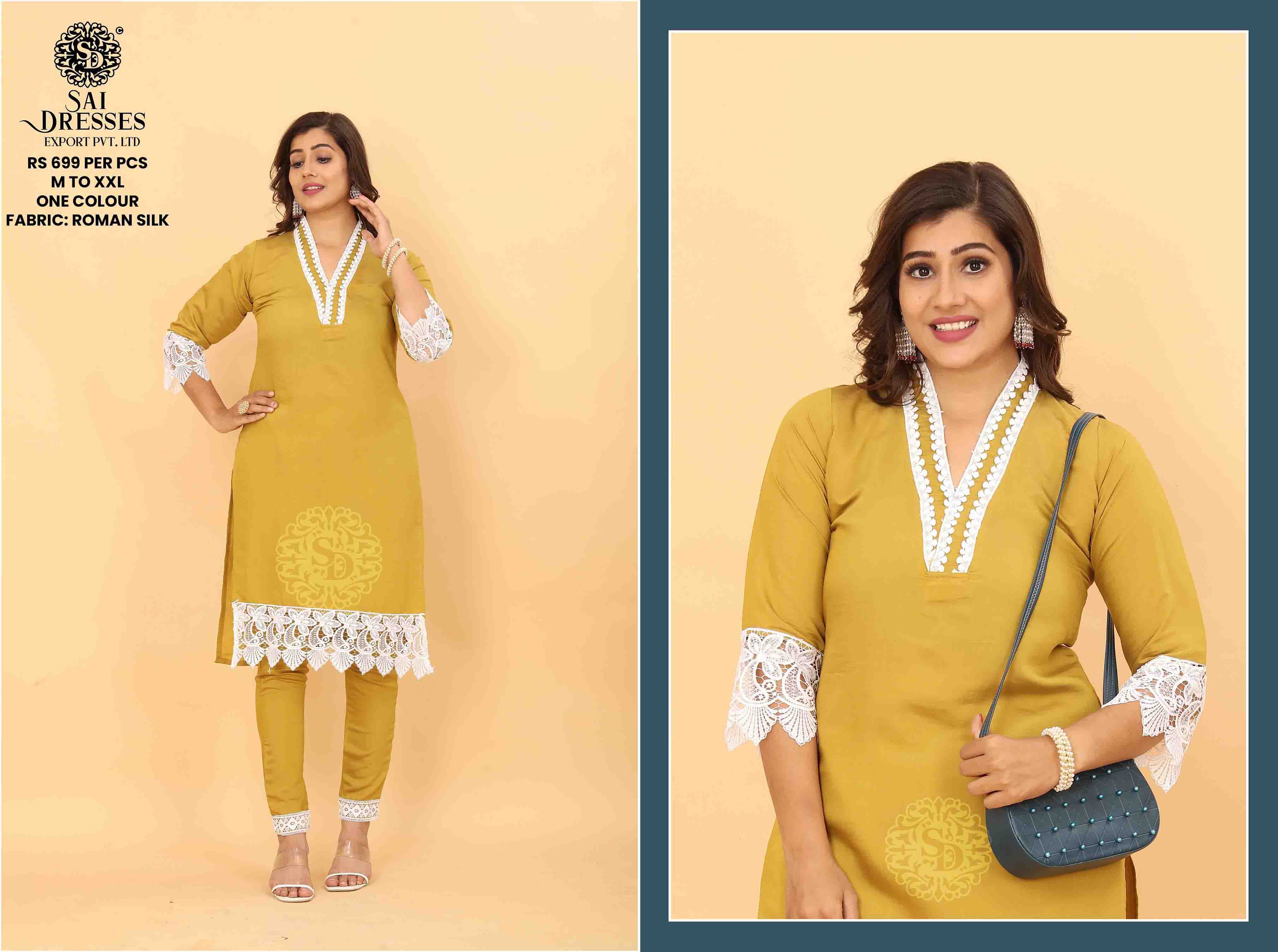 SAI DRESSES PRESENT D.NO SD 5007 READY TO TRENDY WEAR ROMAN SILK DESIGNER KURTI WITH PANT COMBO COLLECTION IN WHOLESALE RATE IN SURAT