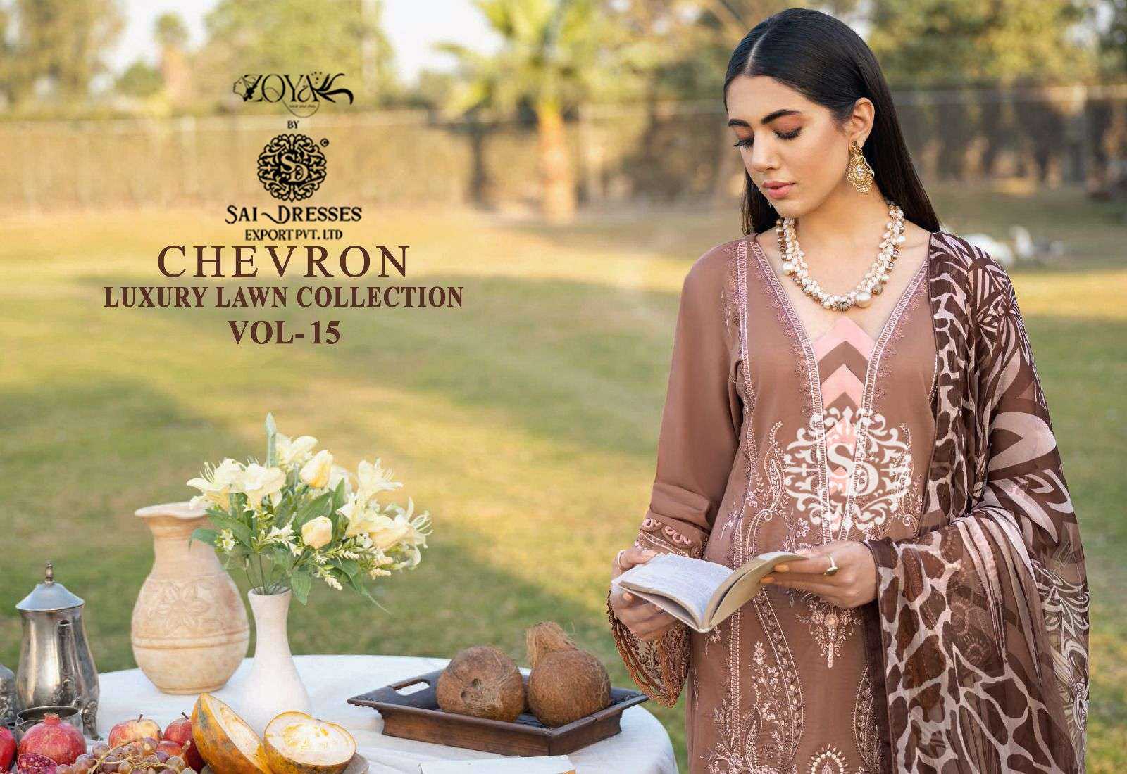 SAI DRESSES PRESENT CHEVRON LUXURY LAWN COLLECTION VOL 15 PURE COTTON WITH SELF EMBROIDERED DESIGNER PAKISTANI SALWAR SUITS IN WHOLESALE RATE IN SURAT