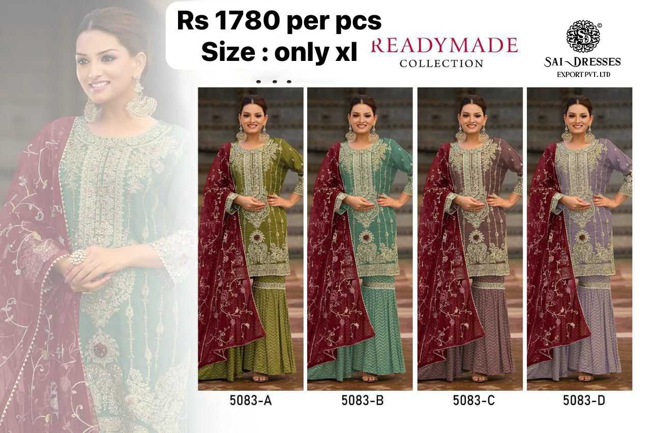 SAI DRESSES PRESENT D.NO 5083 A TO 5083 D READY TO TRENDY WEAR PURE ORGANZA WITH PANT STYLE EMBROIDERED PAKISTANI SHARARA SUITS IN WHOLESALE RATE IN SURAT