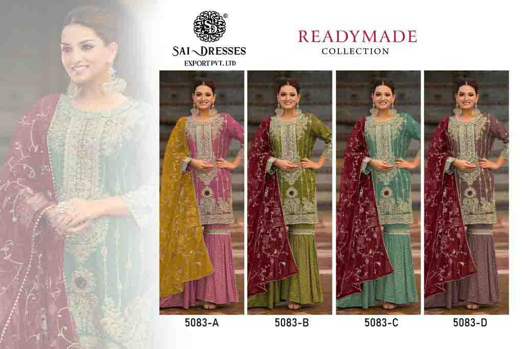 SAI DRESSES PRESENT D.NO 5083 A TO 5083 D READY TO TRENDY WEAR PURE ORGANZA WITH PANT STYLE EMBROIDERED PAKISTANI SHARARA SUITS IN WHOLESALE RATE IN SURAT