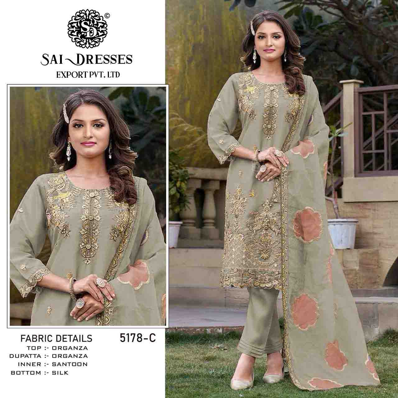 SAI DRESSES PRESENT D.NO 5178 A TO 5178 D READY TO TRENDY WEAR PURE ORGANZA WITH PANT STYLE EMBROIDERED PAKISTANI SALWAR SUITS IN WHOLESALE RATE IN SURAT