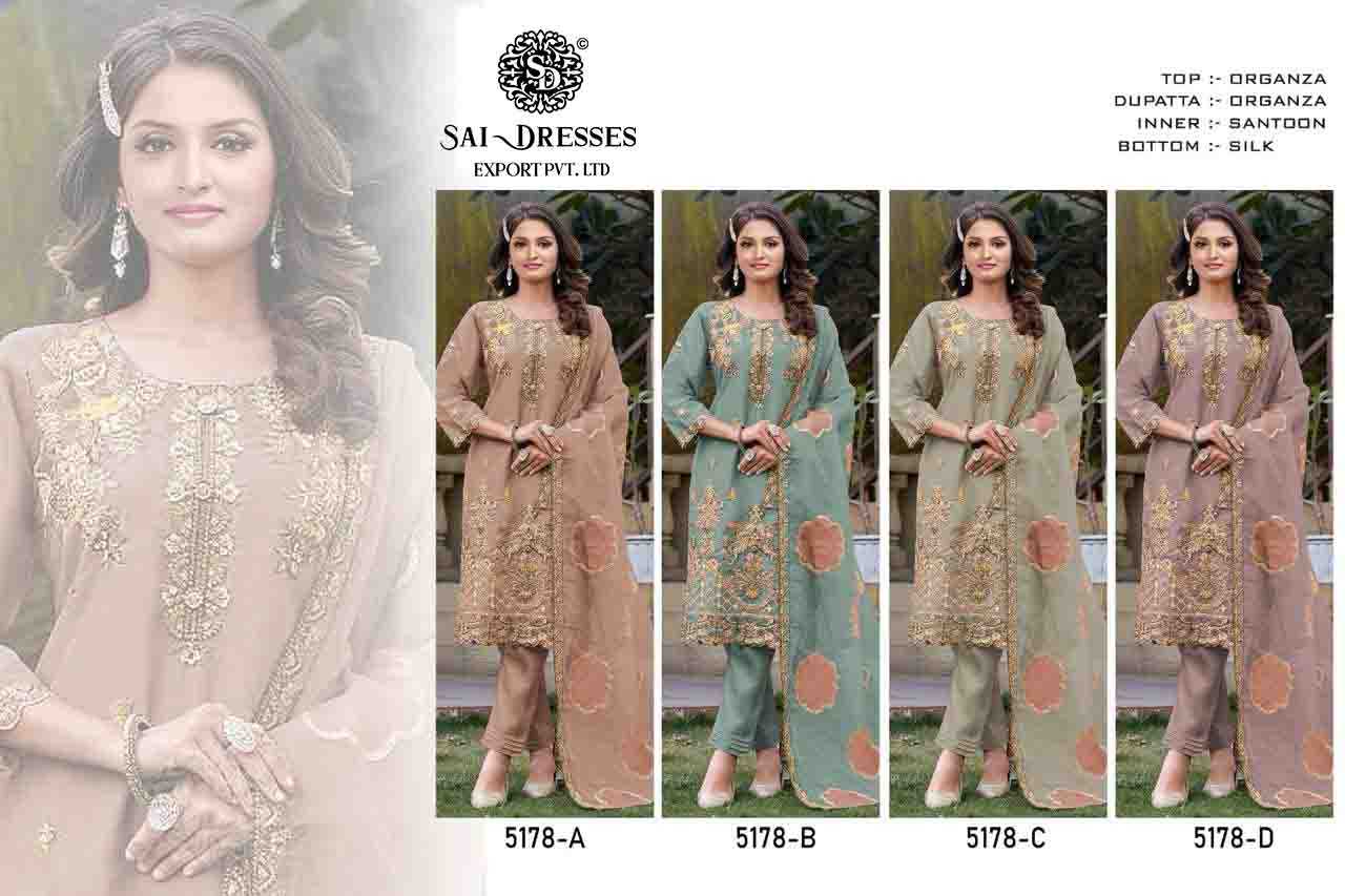 SAI DRESSES PRESENT D.NO 5178 A TO 5178 D READY TO TRENDY WEAR PURE ORGANZA WITH PANT STYLE EMBROIDERED PAKISTANI SALWAR SUITS IN WHOLESALE RATE IN SURAT