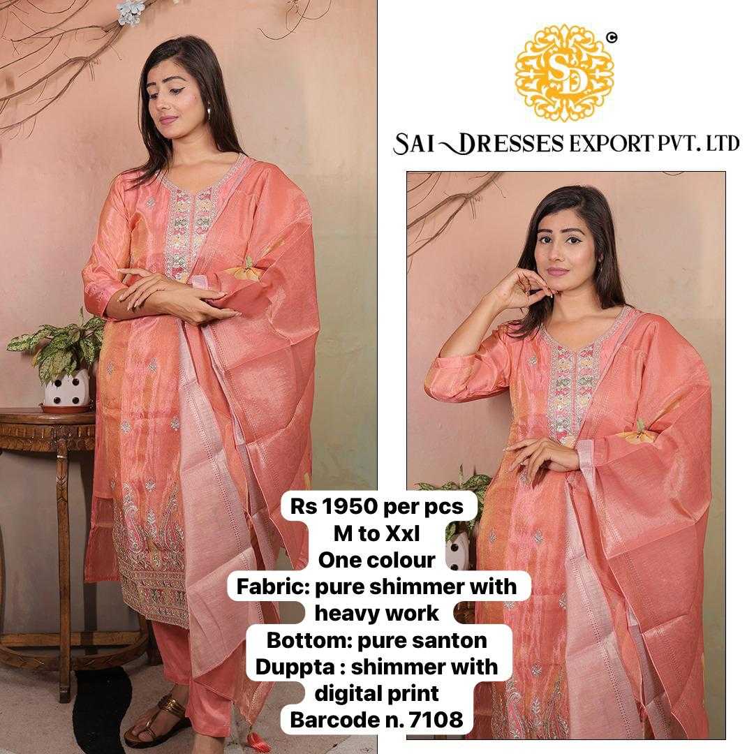  SAI DRESSES PRESENT D.NO 7108 READY TO FESTIVE WEAR STRAIGHT CUT KURTI WITH PANT STYLE DESIGNER 3 PIECE COMBO SUITS IN WHOLESALE RATE  IN SURAT